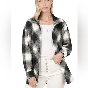 Zenana Women’s Plaid Button Down Shacket Jacket Checkered Long Sleeve Size M